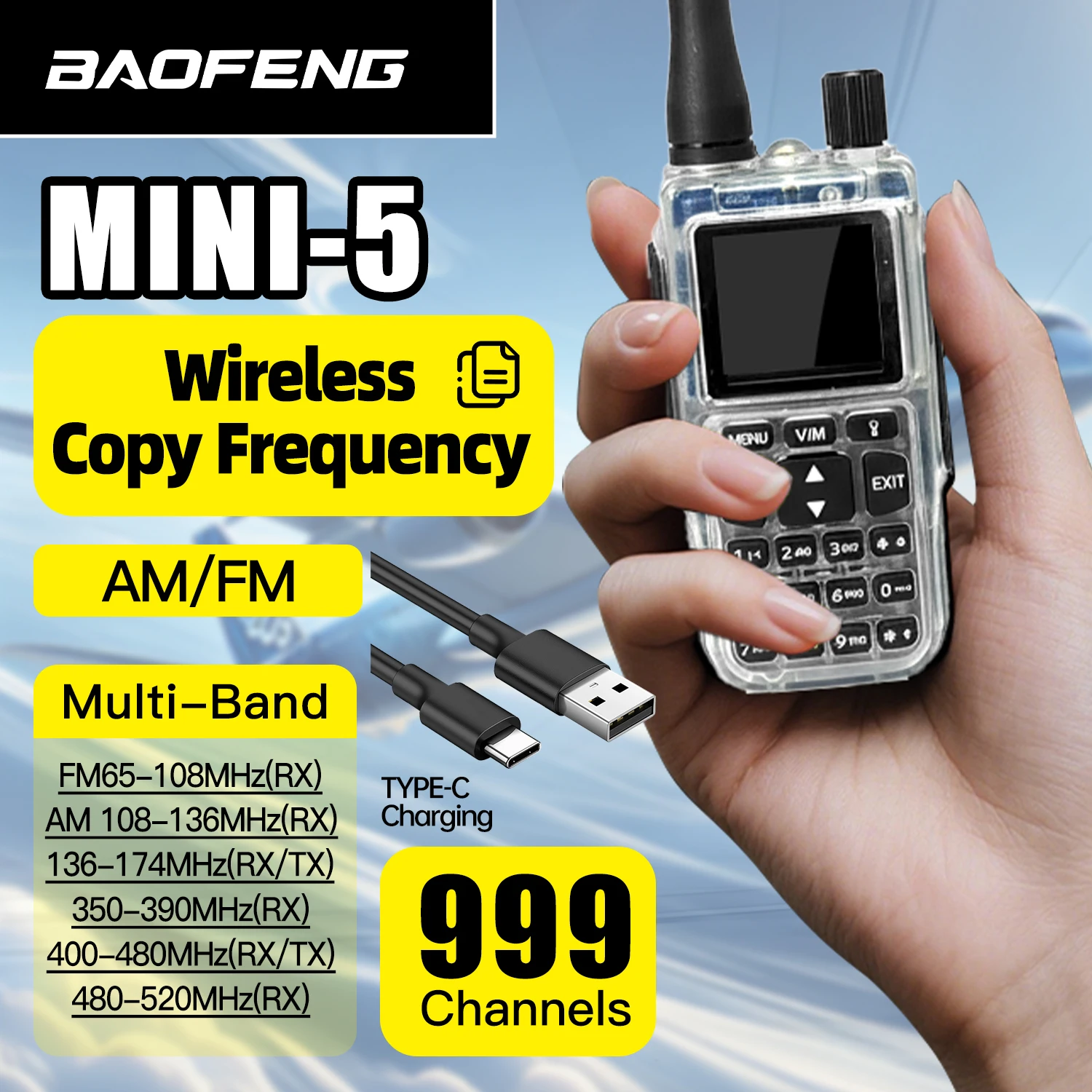 Talkie-walkie Baofeng MINI-5 |   5W double bande, double PTT, Bluetooth, fréquence d'écriture, charge rapide Type-C, pour l'extérieur et la conduite autonome