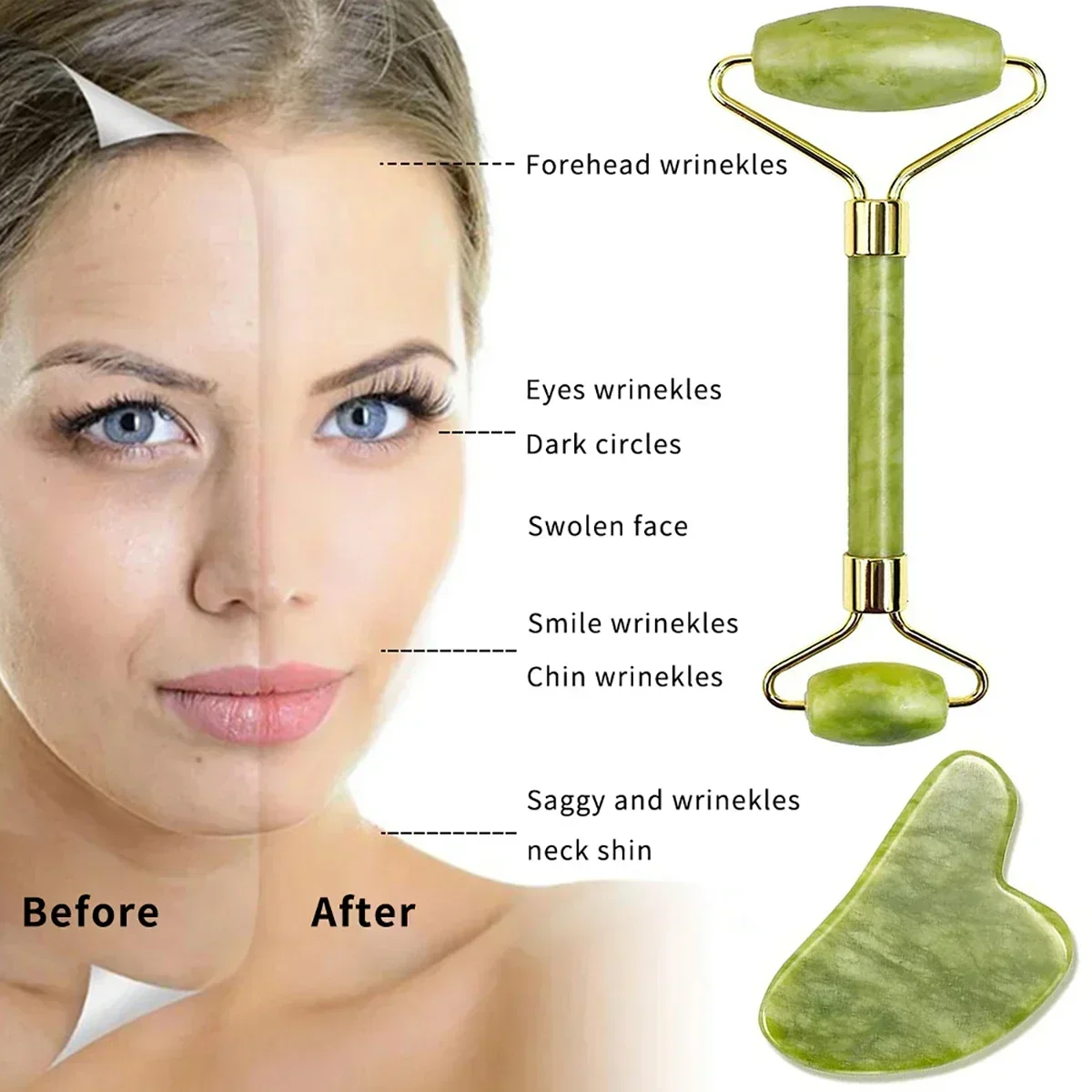 Guasha Set alat pijat batu alam, untuk pijat wajah giok Gua Sha untuk badan SPA visor rouleau de pijat