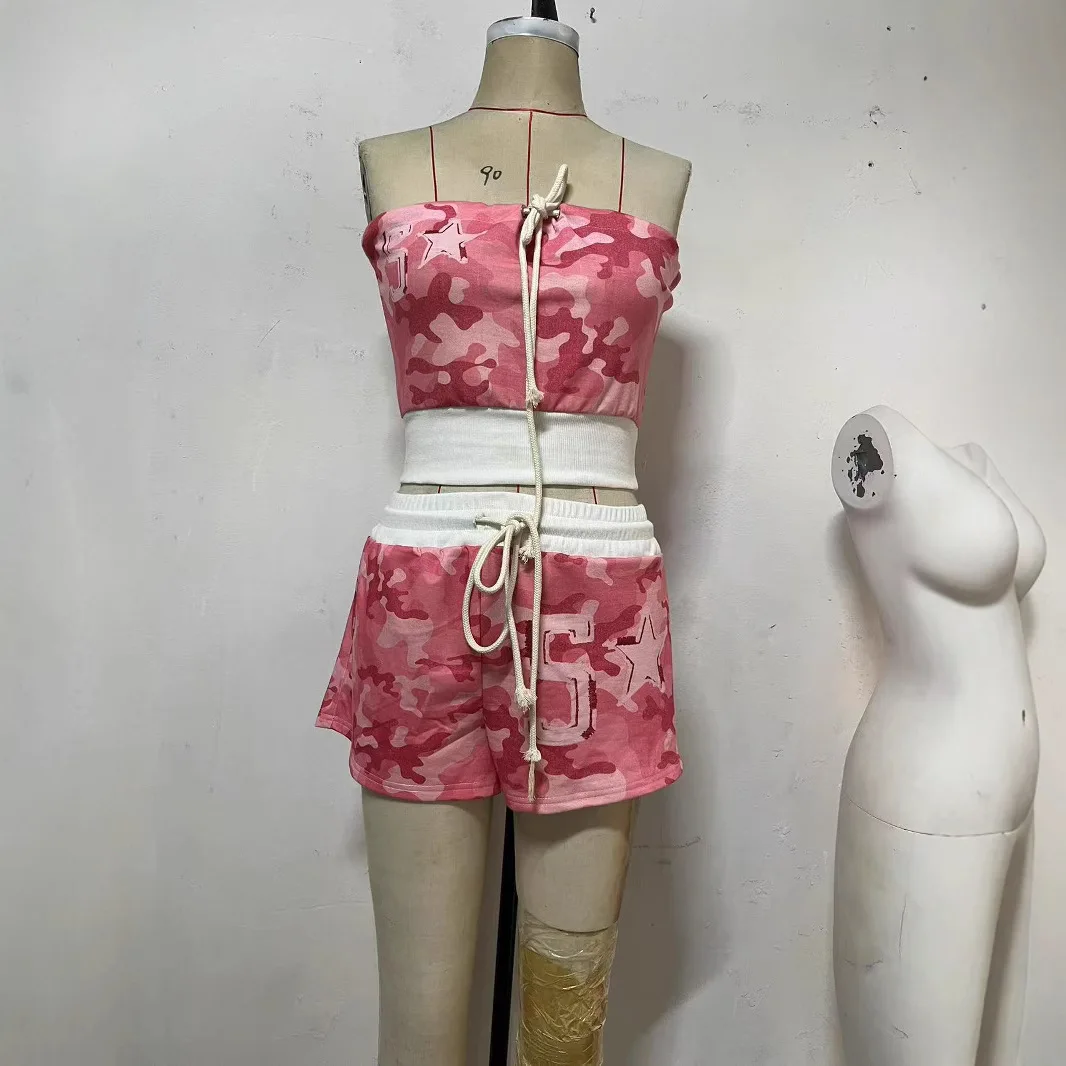 2025 color contrastante cintura camuflaje característico suéter con capucha casual pantalones de chándal rectos moda traje de dos piezas mujeres