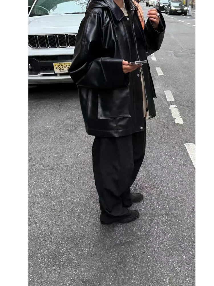   فضفاضة تناسب المرأة السائق Sle Jaet مع غطاء محرك السيارة انفصال معطف جلد خمر Faion طويل Sve منتصف طول سستة