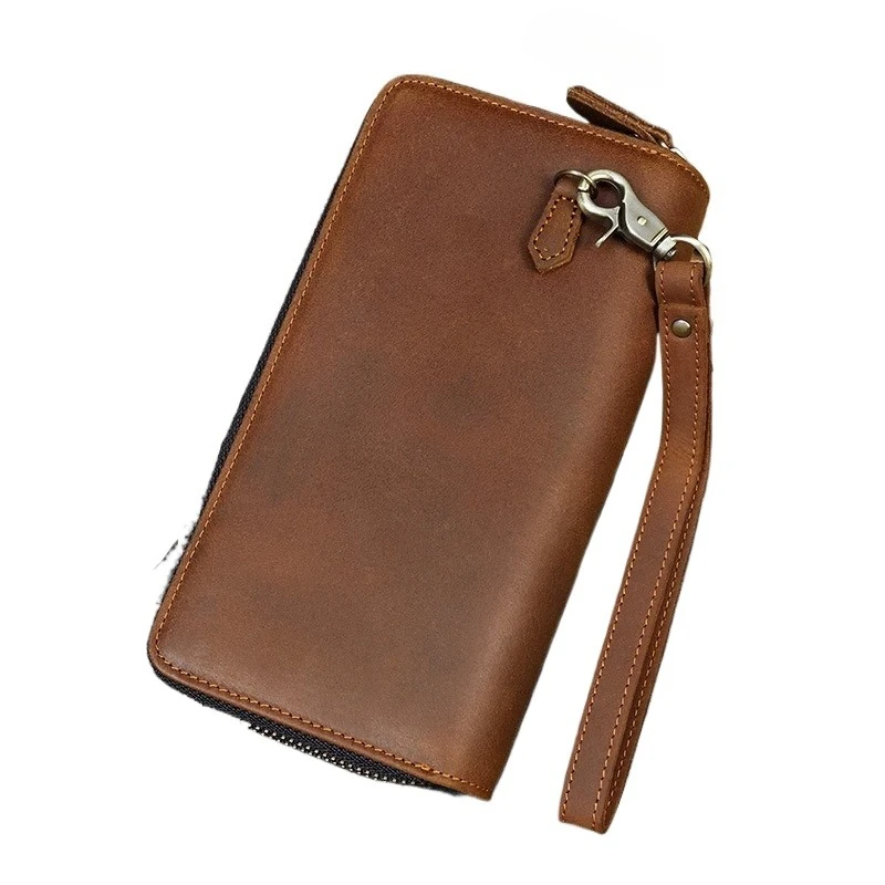 

Crazy Horse Leather Wallet for Men Long Genuine Leather Double Zipper Double Layer Luxury Purse Handbag Casual Business Gift