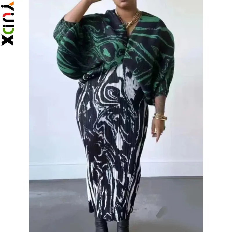 

YUDX Print Contrast Color Pleated Maxi Dress for Women V-Neck Long Batwing Sleeve Casual Loose Dresses 2024 Spring New