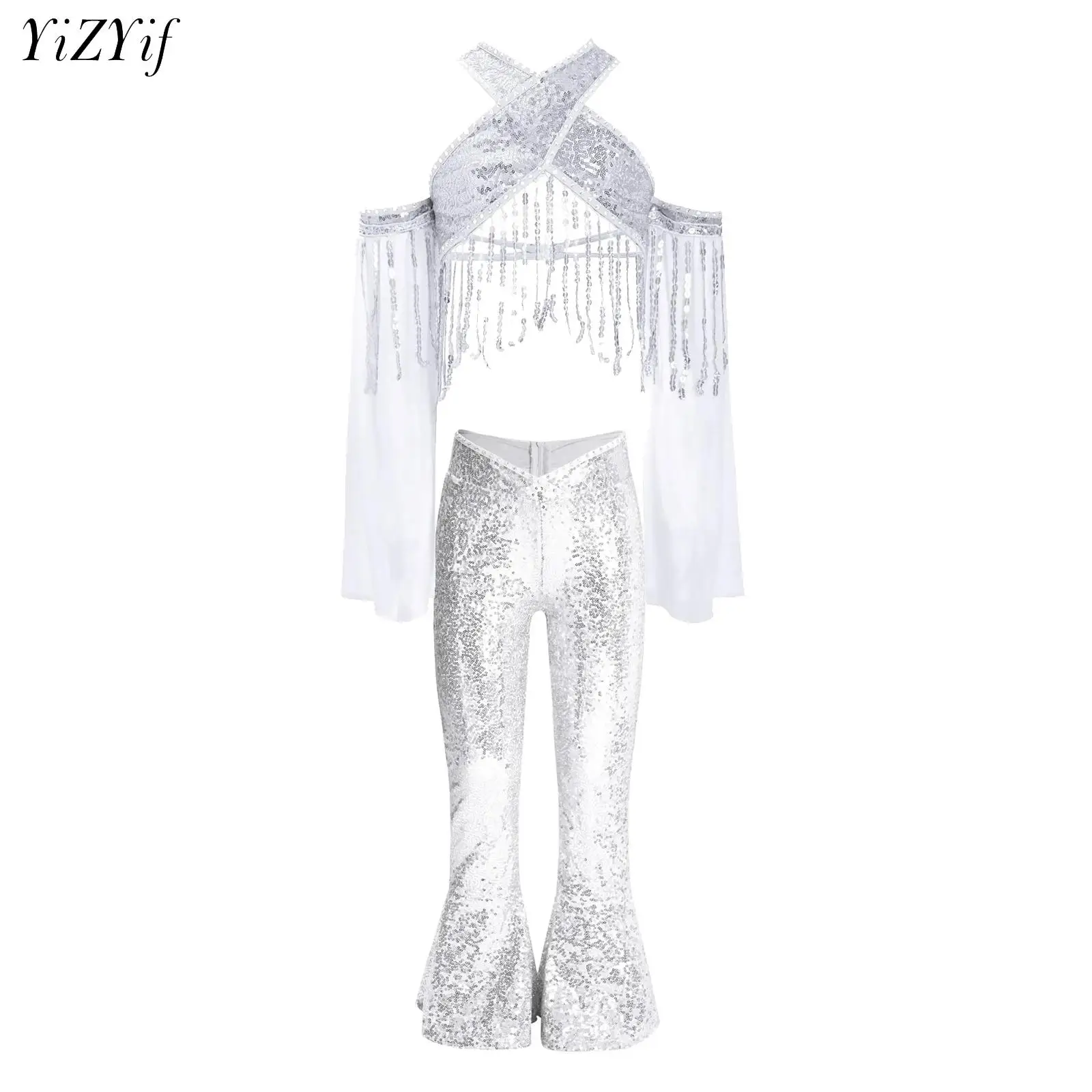 

Kids Girls Dance Costume Sequin Outfits Flared Sleeves Crop Top with Flared Hem Pants for Belly Jazz Performance Competition
