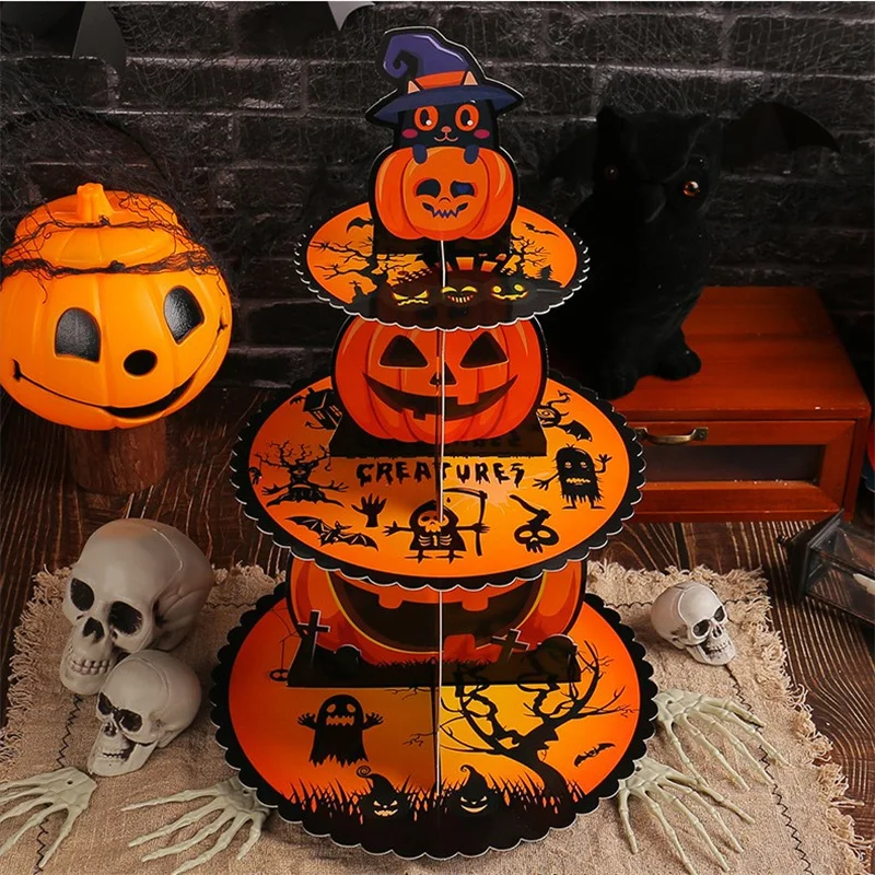 Halloween Pumpkin Multi-tier Cake Stand Decoration 3D Paper Cake Tray Party Christmas Treats Setting Cake Tools