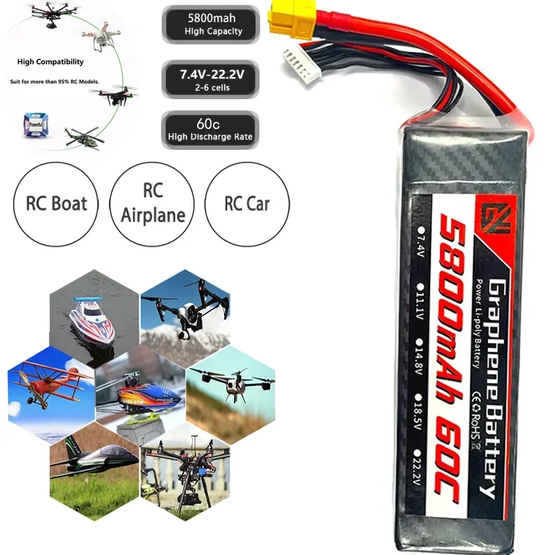 22.2V 60C 6S 5800mAh Lithium Battery XT60 XT90 TRX T Multiple Plug Options Suitable for FPV Drones and Remote Control Cars