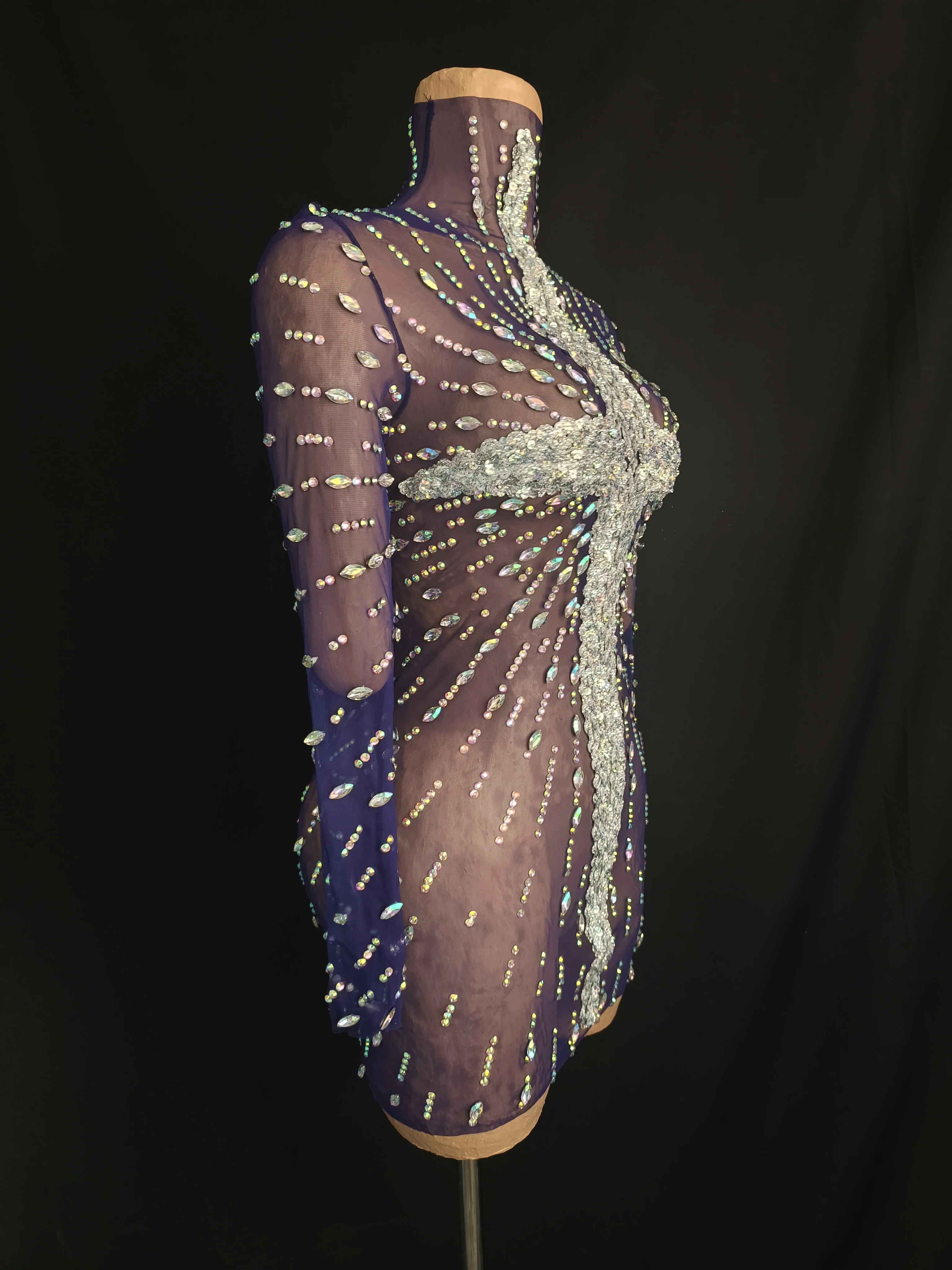 豪華なラインストーンスターライトパターンデザインディープブルーシースルーシアードレスファッション女性パーティードレスパフォーマンスコスチューム