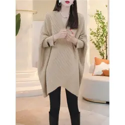Minimalist and Fashionable Korean Mid to Long Length Sweater Autumn New Item Plus Size Loose and Slimming Bat Sleeve Knitted Top