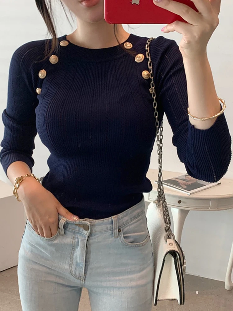 Hollow Out Sweater for Women 2023 Autumn Winter Elegant Womens Clothing O Neck Button Long Sleeve Pullovers Knitted Tops Femme