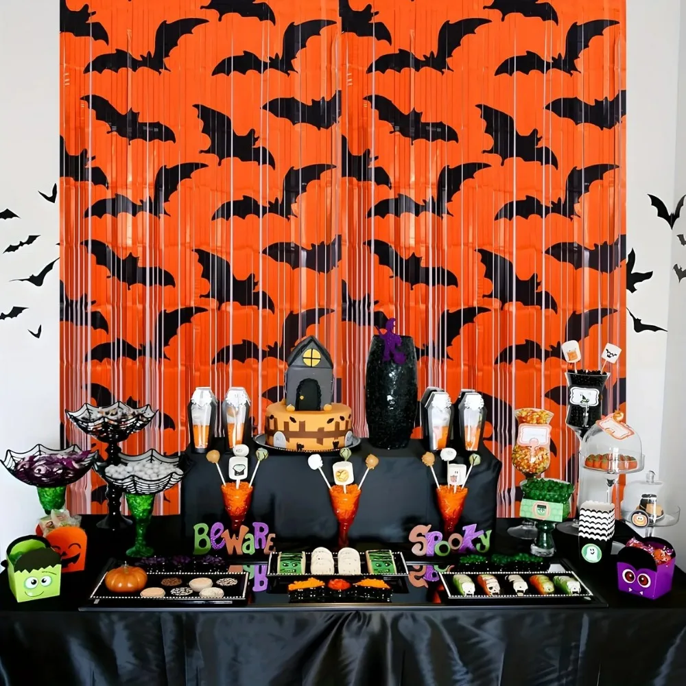 1Pc Black Bat Pattern Orange Foil Fringe Backdrop, Halloween Themed Photo Booth Background Decor For Holiday Party Supplies - view 5