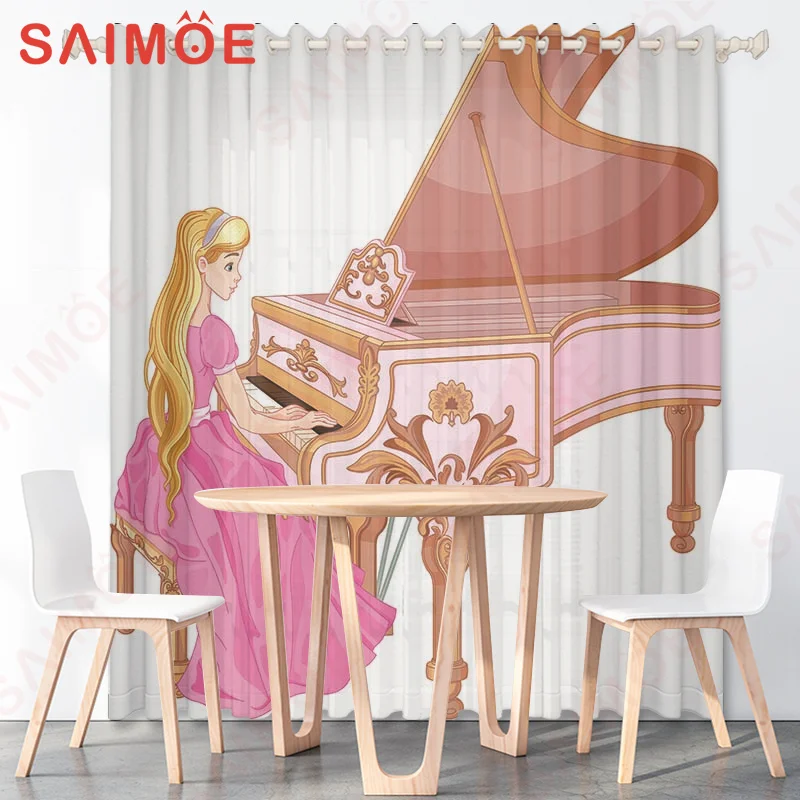 Fashion Girl Playing Piano 3D Digital Printed Curtains Piano Note Washable Waterproof Fabric Curtain Bedroom Music Room Decor