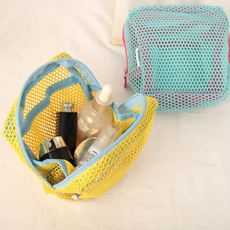 Stylish Lightweight Mesh Cosmetic Bag, Portable Square Cosmetic Storage Bag with Zipper, Multi-purpose Sundries Storage Bag