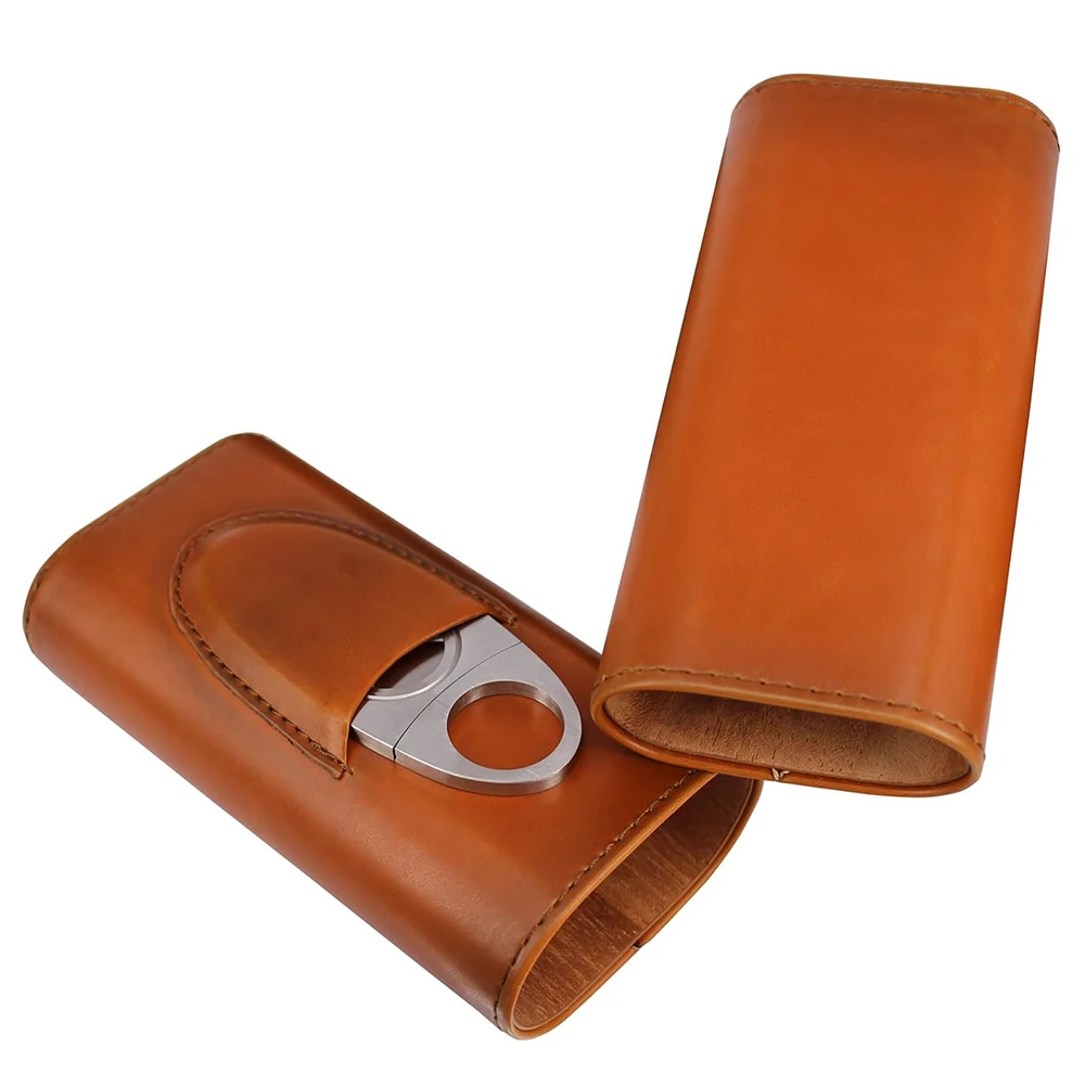 LMETJMA 3-Finger Leather Cigar Case with Cigar Cutter Portable Travel Cigar Holder Case Premium Cigar Carrying Case JT317