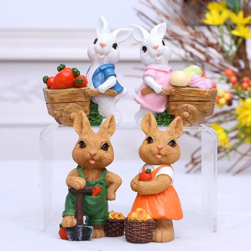 1set Easter New Cute Little Rabbit Cart Creative Garden Rabbit Ornament Decoration Horticultural Craft Decoration