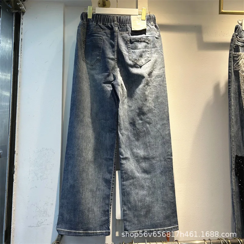 ثلاثي الأبعاد الزهور التطريز واسعة الساق الجينز لسيدة جديد الخريف مرونة الخصر فضفاض مستقيم السراويل العصرية سراويل جينز