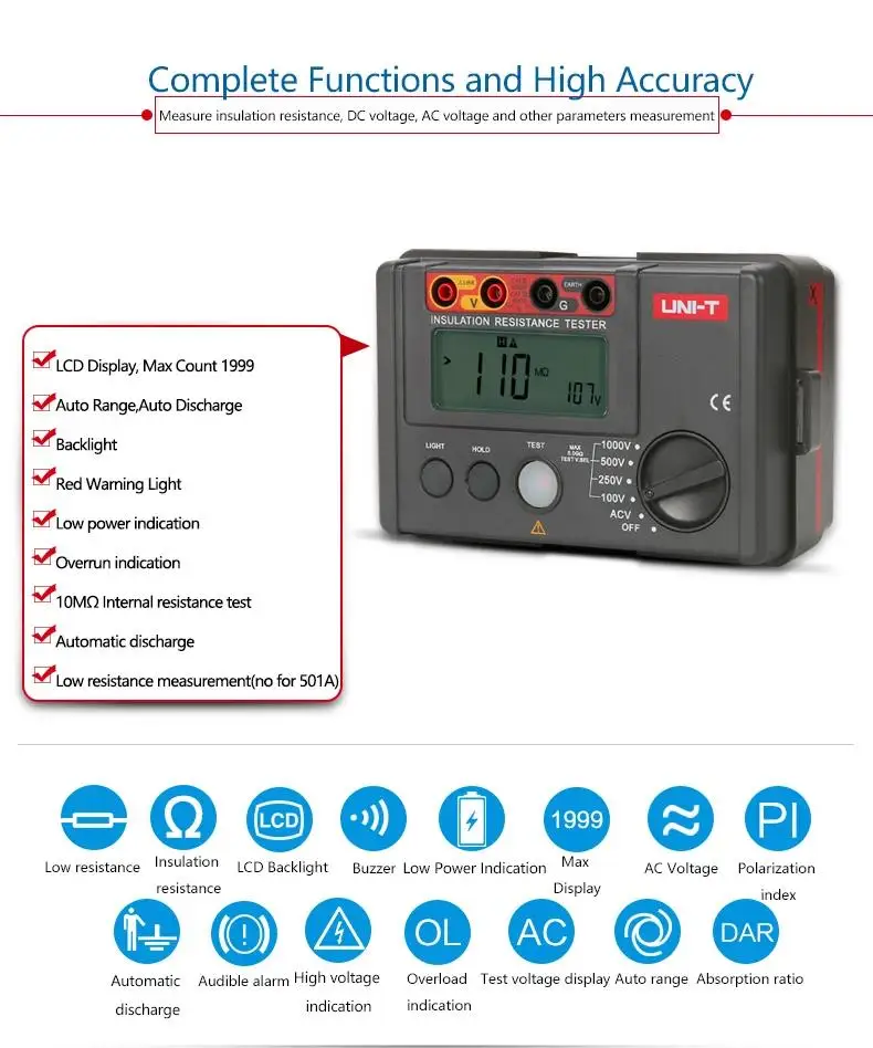 UNI-T UT501A Insulation Resistance Tester 1000V Megohmmeter 5GΩ Ohm Meter Professional Digital Ohmmeter Electrical Megometer