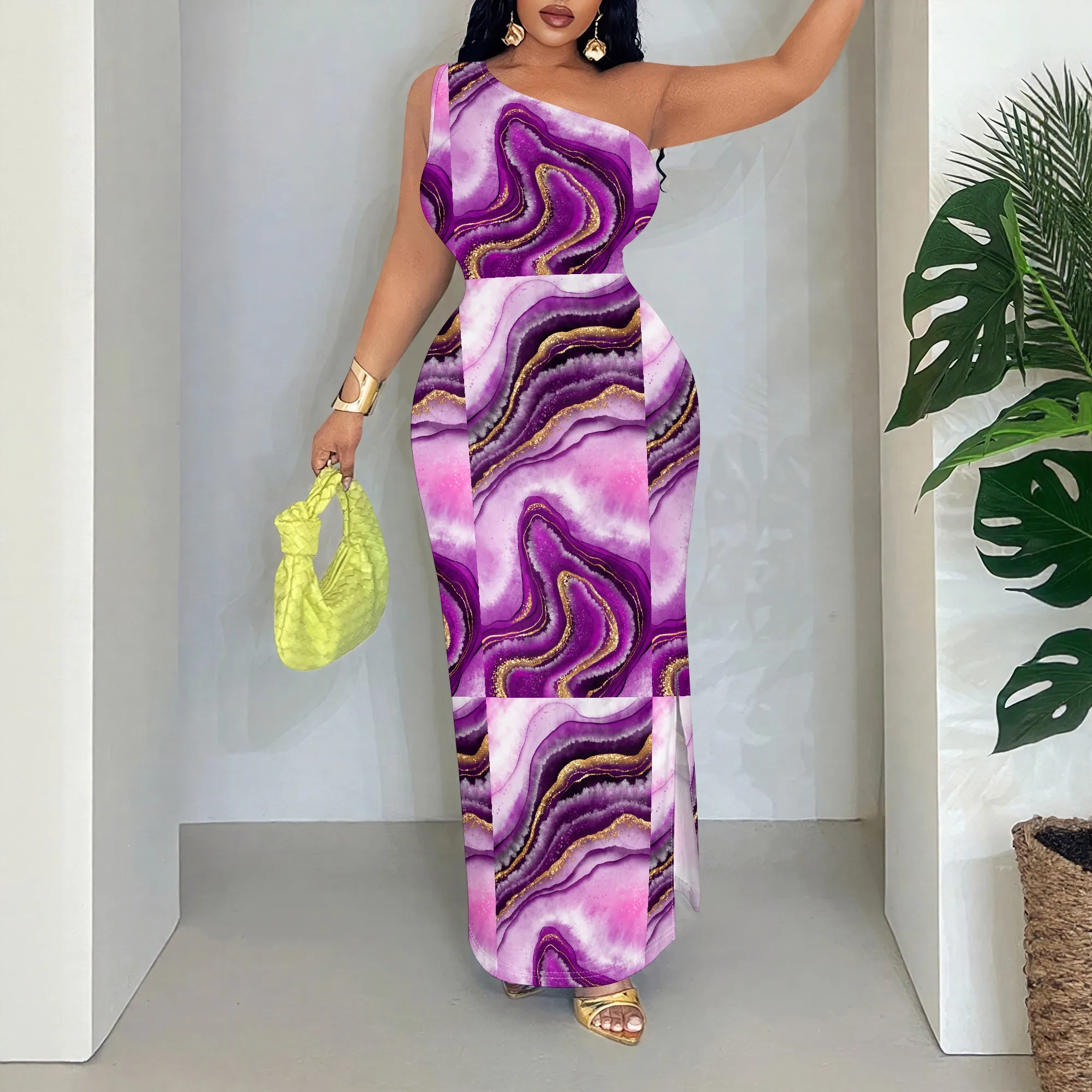 

Purple Marble Print One Shoulder Maxi Dress, Abstract Wave Pattern, Sleeveless Bodycon Gown for Party Club Wear S-2XL