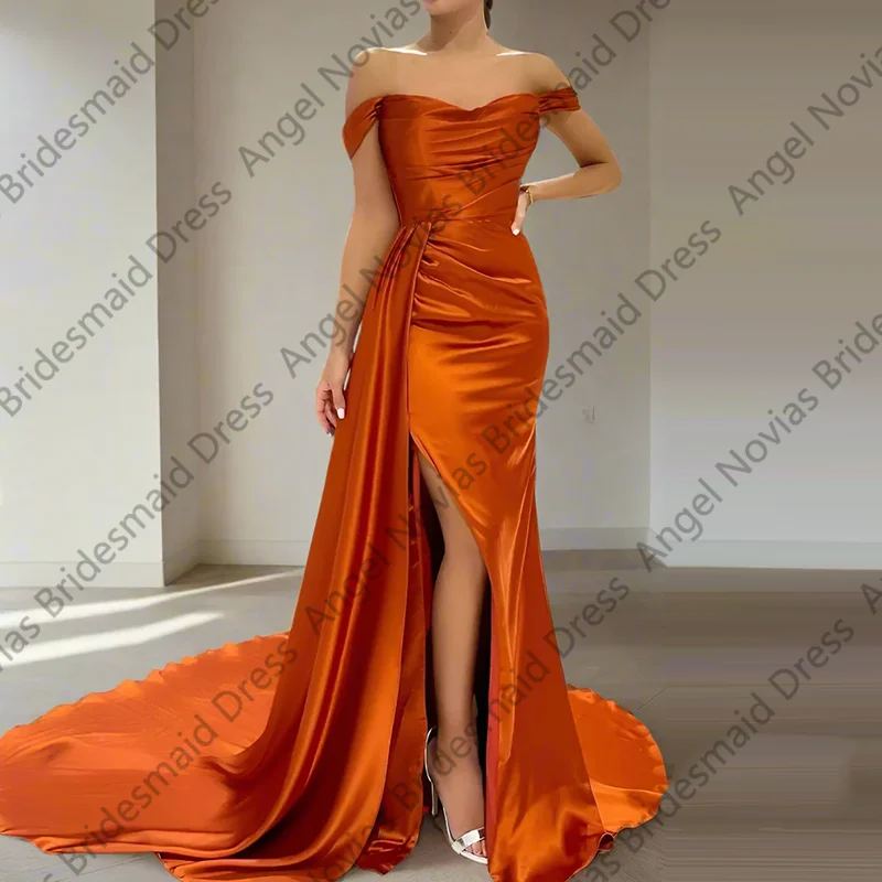 Off Shoulder Long Mermaid Orange Bridesmaid Dresses with Side Skirt Women Wedding Party Dress Robe Mariage Invite