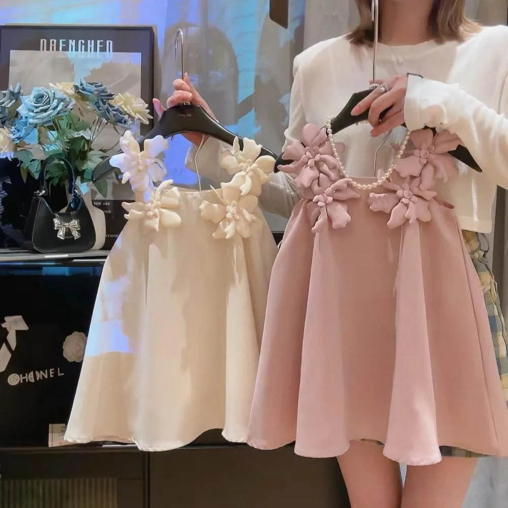 

Summer New Korean Style Baby Girl Casual Solid Color Dress 3D Flower Kids Fashion Wedding Birthday Suspender Princess Dresses