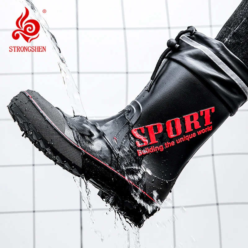 

STRONGSHEN Men Rain Boots Outdoor Waterproof Non-Slip Wear-Resistant Plush Rain Boot Construction Site Rubber Shoes Fishing Boot