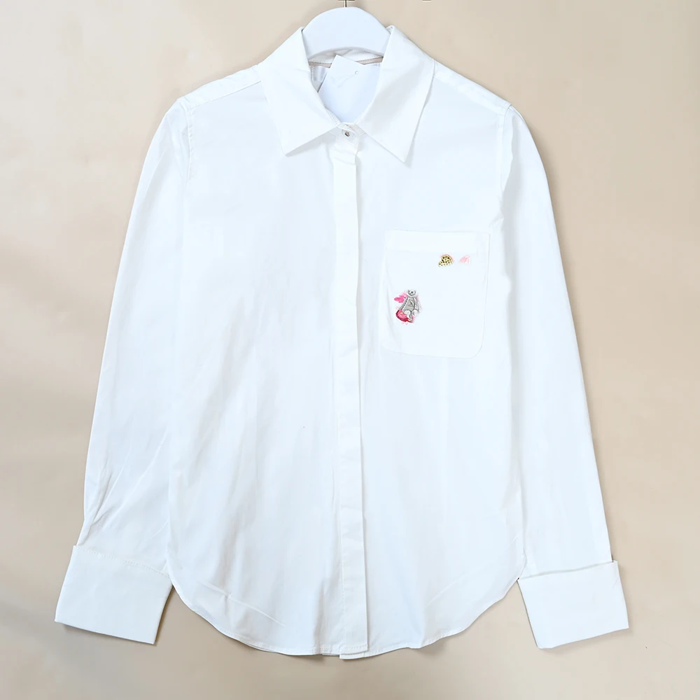 

Spring New Style Women's Commute Elastic Cotton Embroidered Slim Fit Casual Versatile Long Sleeve Shirt Breathable Skin-friendly