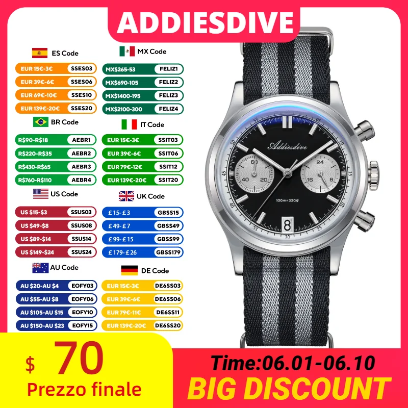 ADDIESDIVE Hot Sale Black Panda Men's Watch AD2095 Multifunction Chronograph Bubble Mirror Glass Waterproof Diver Quartz Watches