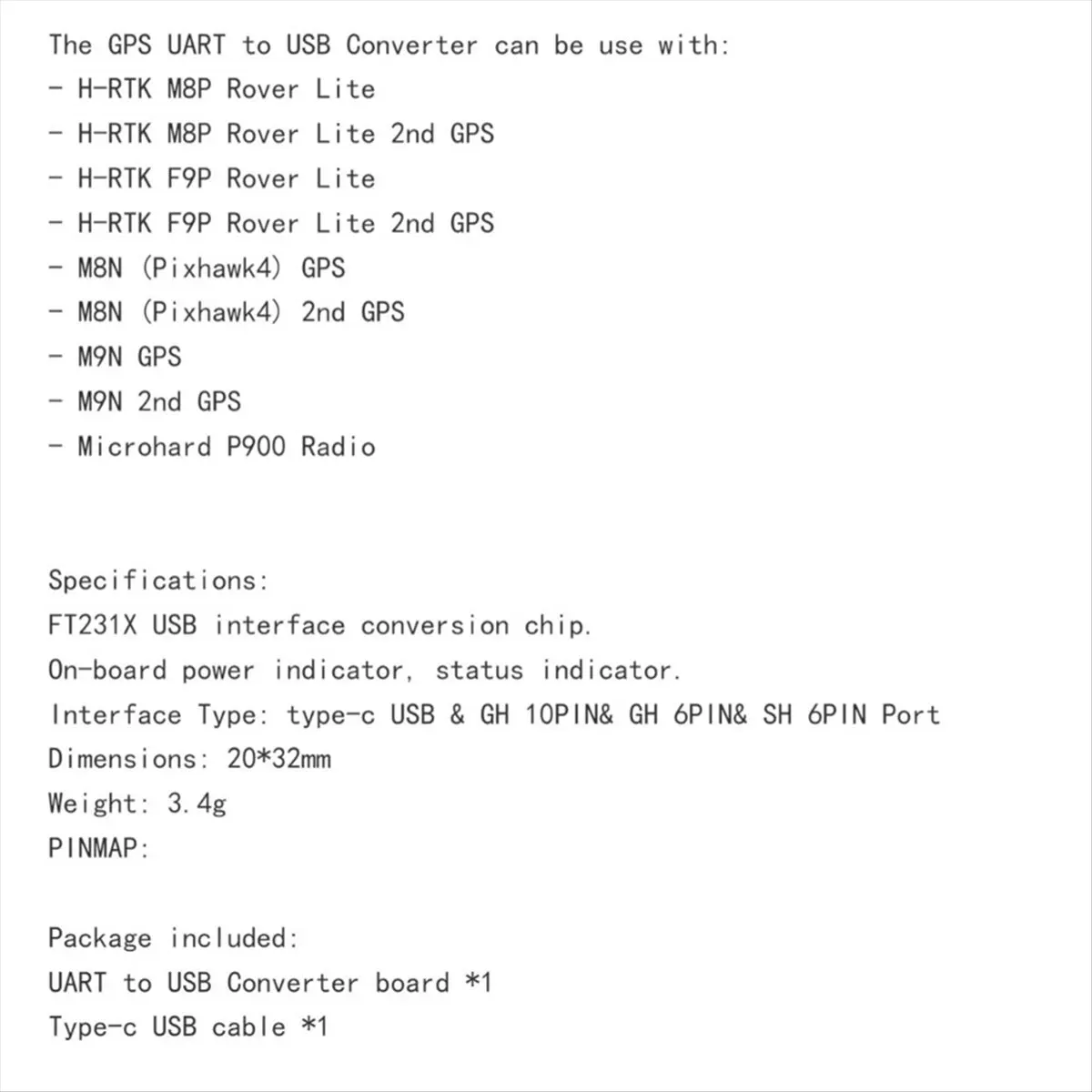 

(A15I) GPS-конвертер UART в USB с интерфейсом Type-C USB и портом GH 10PIN для радиоуправляемых FPV дронов
