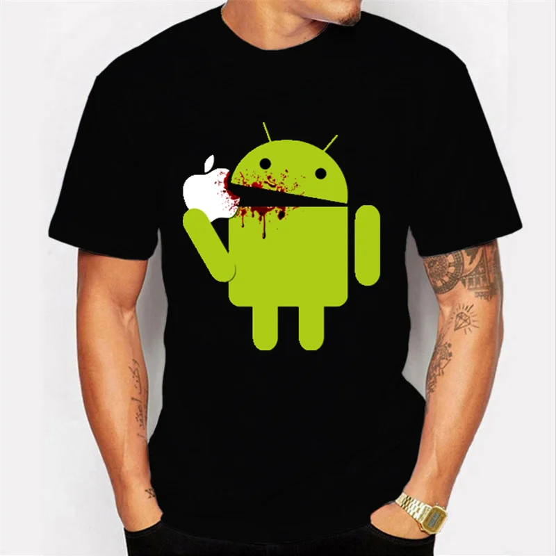 Summer printed T-shirt Android eat apple logo mobile T-Shirt Funny fashion cotton short sleeve men\'s top