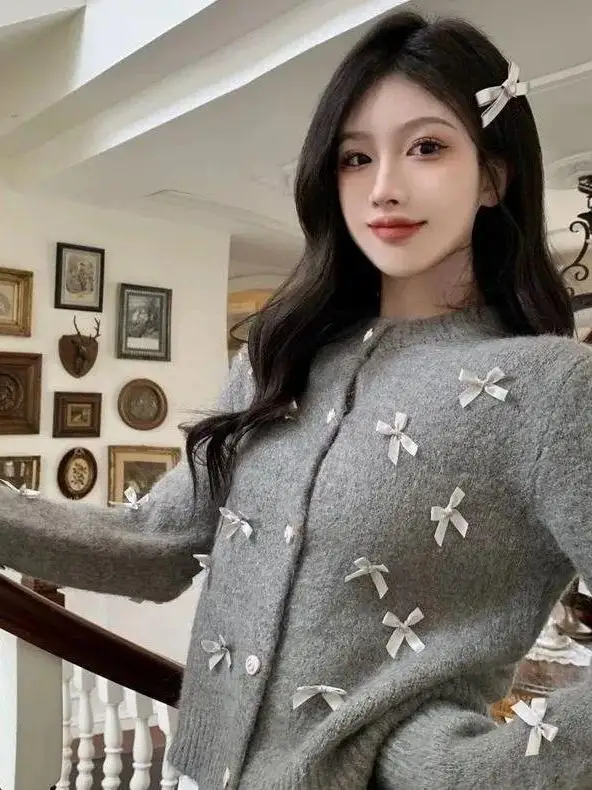Spring Autumn New Style Small Fragrance Style  Knot Knitted Top Heavy Work Short round Neck Open Cardigan Knitted Sw...