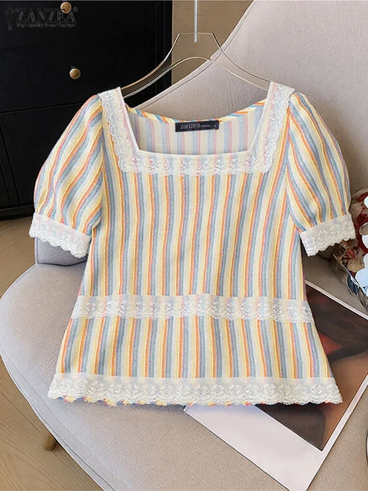 ZANZEA, Blusas a rayas para Mujer, moda elegante de encaje con retazos, cuello cuadrado, manga abombada, Blusas para Mujer, ropa de día, Tops tipo bata de verano