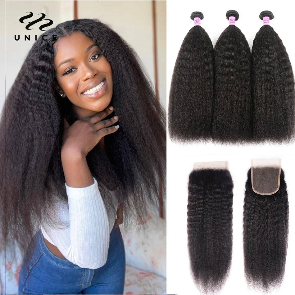 

Unice Hair Kinky Straight Hair 2/3 Bundles Deals with Closure Mongolian Hair Weave Coarse Yaki Human Hair Remy Hair Extension