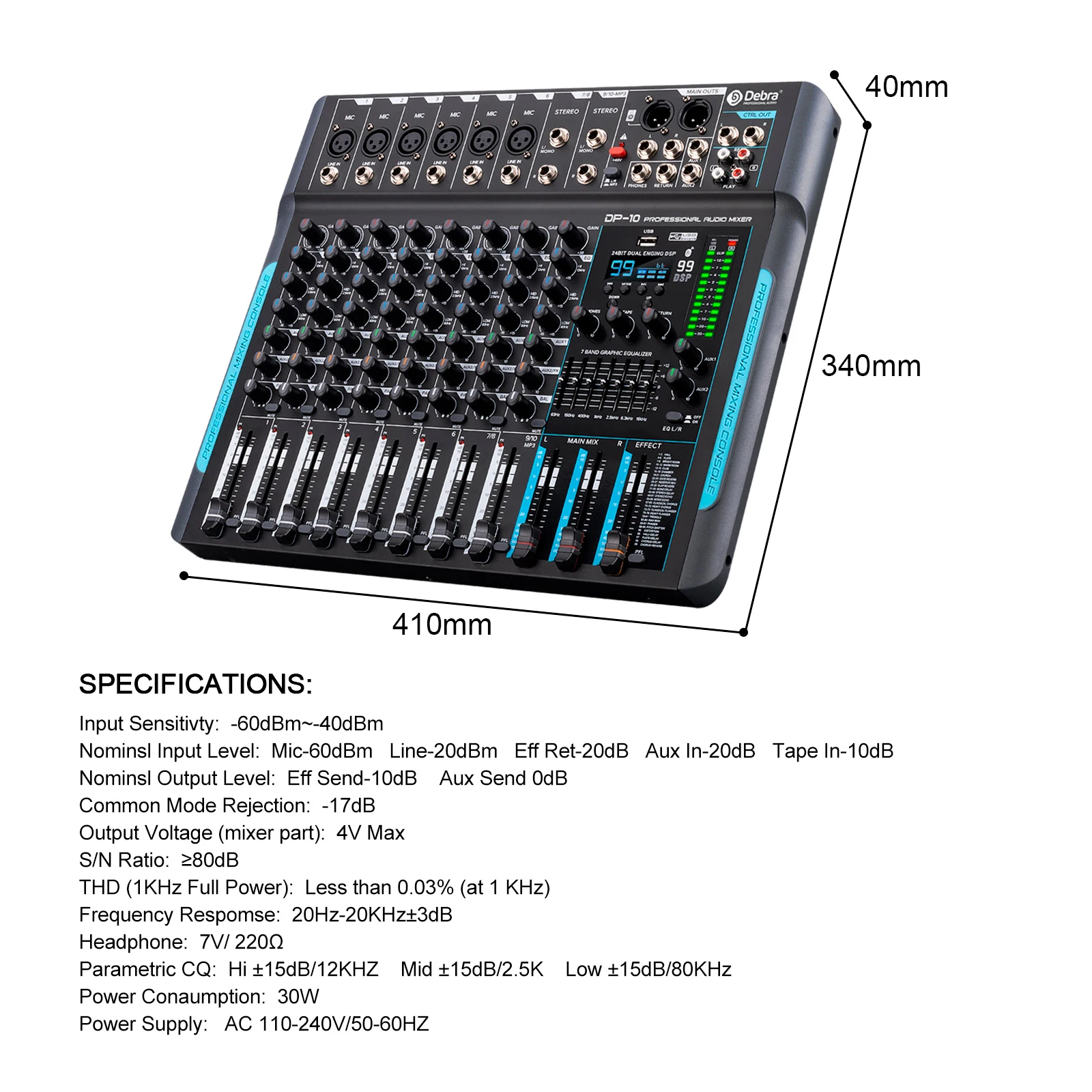 Console DJ mixer audio DP-10 a 10 canali per registrazione su PC professionale su palco e studio Audio cablato portatile di vendita caldo