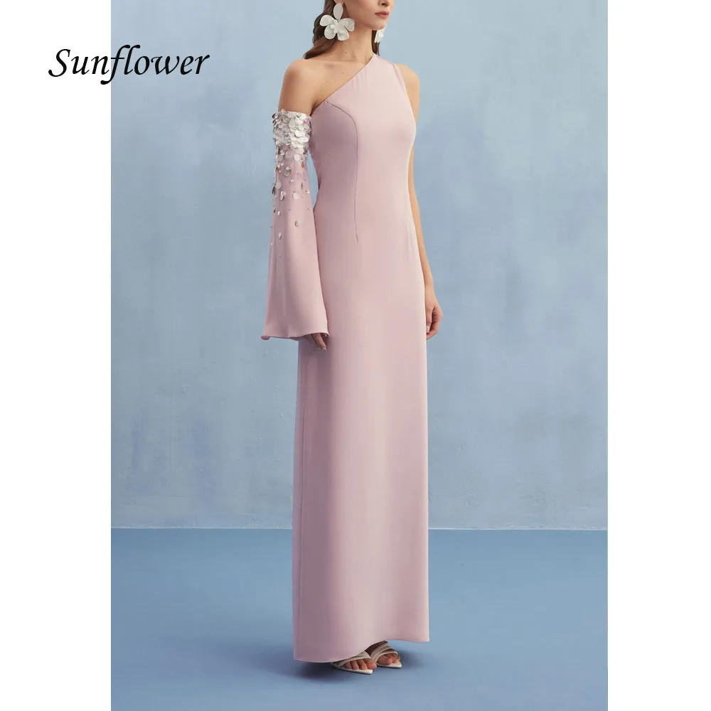

Sunflower Customized Pink One Shoulder Crepe Evening Dress Beading Long Sleeves Mermaid Floor-Length Formal Occasion Dress 2025