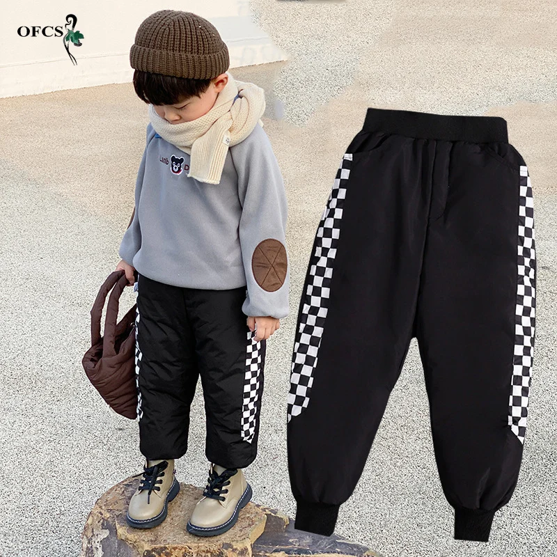 New Winter Children's Pants For Boy Girl Fleece Thickening Side Plaid Pattern Trousers Enfant Garcon Trousers Ankle-length Pants