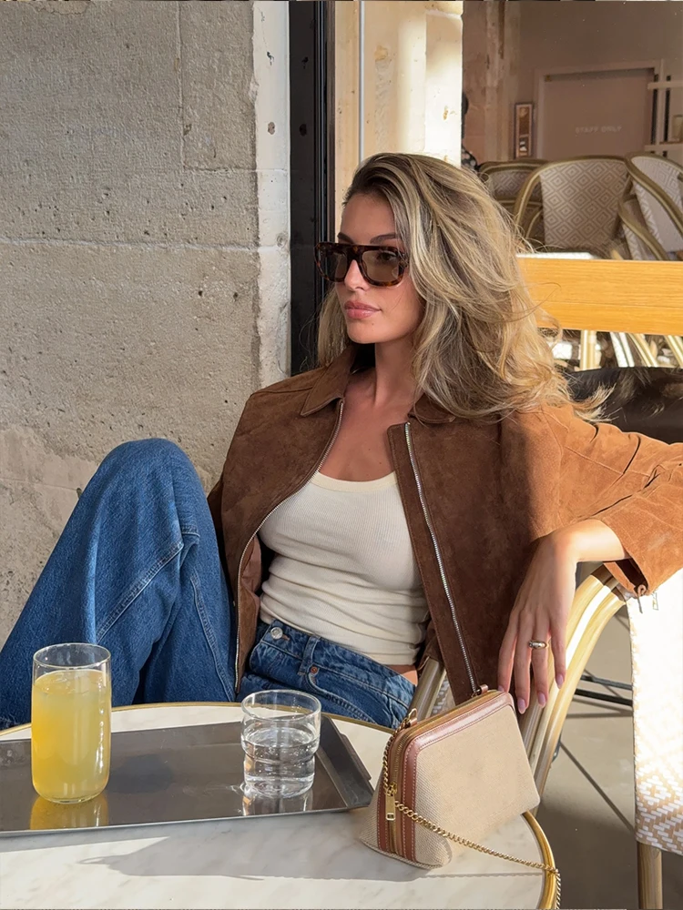 HH Women's Autumn New Fashion Popular Lapel Short Pure Leather Jacket Female Temperature Versatile Zipper Pocket Slim Coat