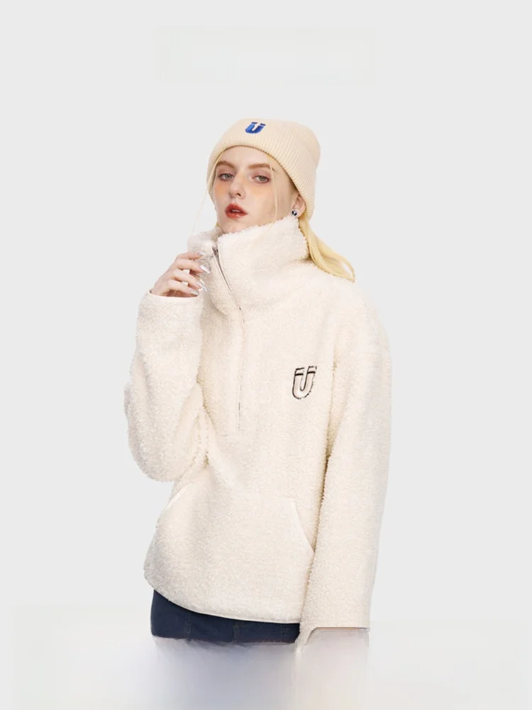 Guukahero Thickened Lamb Velvet Jacket Women Casual Loose All-Match Hooded Zipper Sweatshirt Miliwhite Color Winter Outerwear