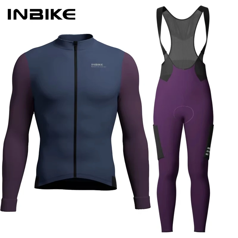INBIKE Winter-Radsportbekleidung für Herren, Fleece-Radsport-Sets, langärmliges Trikot mit Taschen, lange Fahrrad-Trägerhose für Rennräder