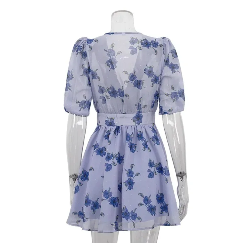 Ticketsx V Neck Slim Ruched Mini Dress Fashion High Waist Printed Half-Sleeves See Through Dress Party Clubwear Women's Clothing