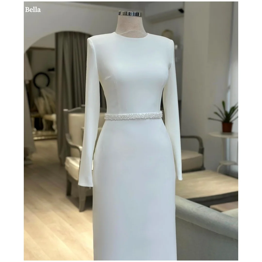 

Bella Customized White Pearls Long Sleeves robes de soirée O-Neck Shoulder Pads Party Dresses Floor-Length Sash Prom Dress 2025