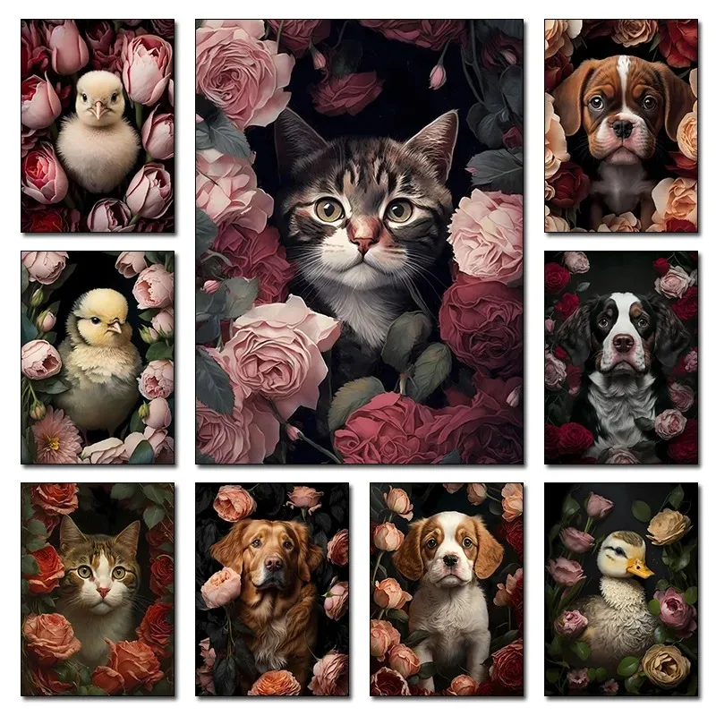 Lovely Pets In Roses Posters Duckling Chick Puppy Cat Prints Canvas Printing Vintage Wall Art Picture for Living Room Home De