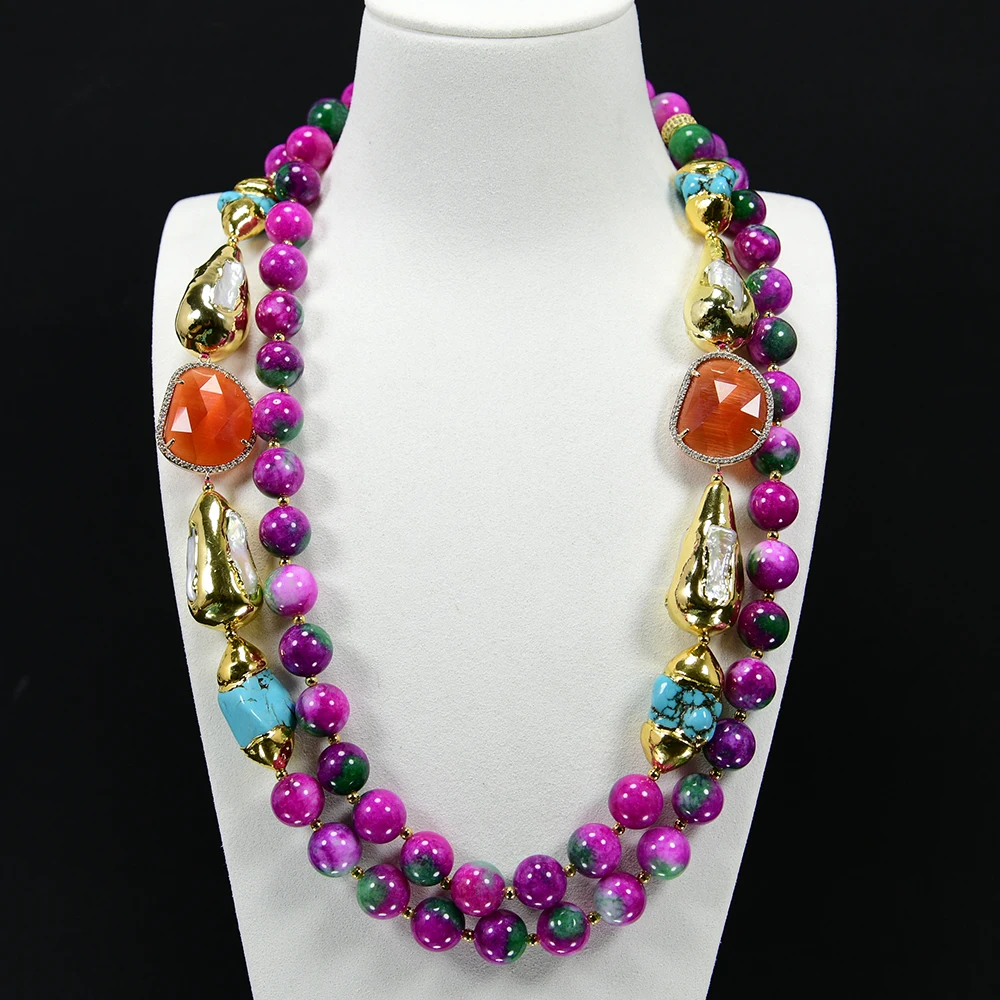 GG 2 Rows Mix Color Green Fuchsia Jade Cultured White Biwa Pearl CZ Paved Cat eye Crystal Turquoise Necklace