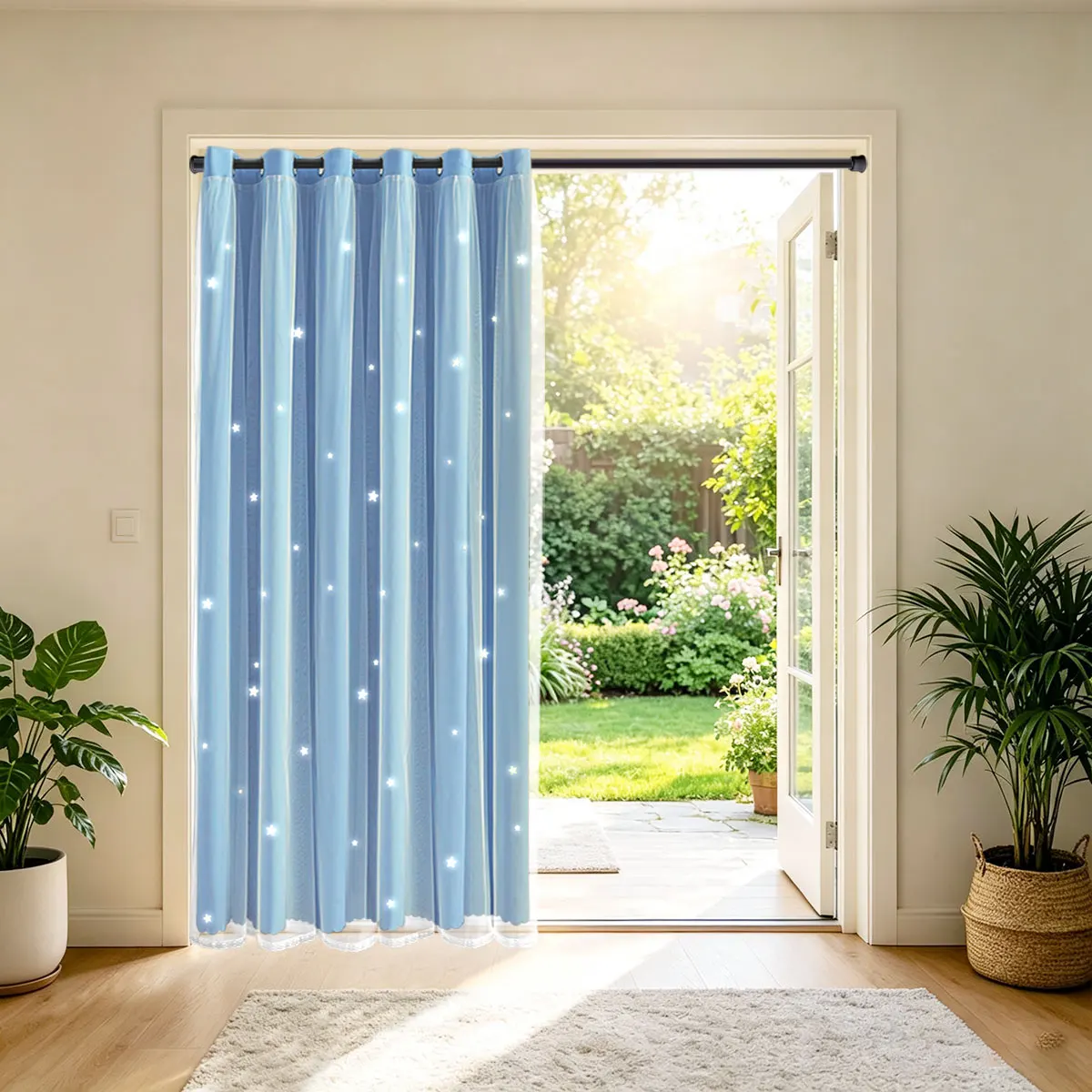 Blue Double Layer Hollow Out Grommet Curtain 1 Panel, Star Cutout Lace Sheer, Scalloped Lace Edge Window Drape for Room