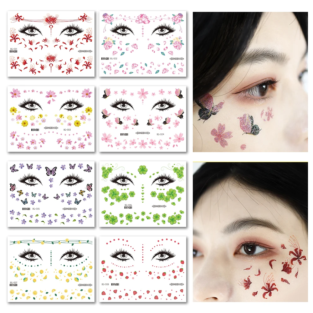 Glitter Powder Flower Butterfly Tattoo Stickers Temporary Waterproof Eyes Face Festivals Body Art Fake Tattoos Women Cosmetics