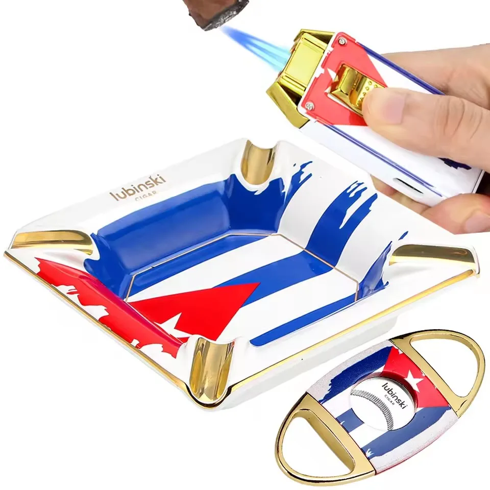 

LUBINSKI Lighter Cigar Set Metal Portable Guillotine Cigar Cutter Ceramic Ashtray Home Butane Gas Torch Lighters Cigar Knit