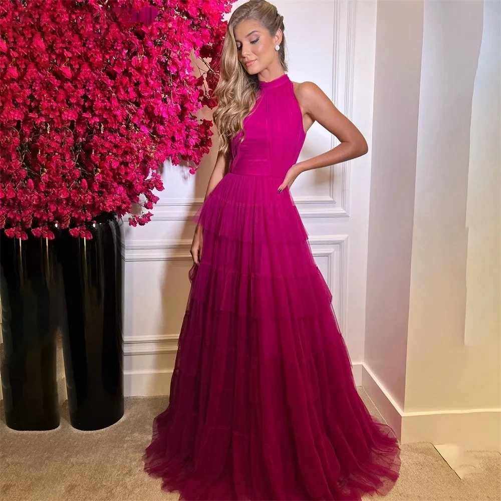 Hot Pink Fuchsia Halter Neck فساتين سهره فاخره Customized Sexy Sleeveless A-line Prom Dress Grace Multilayer Vestidos De Noche