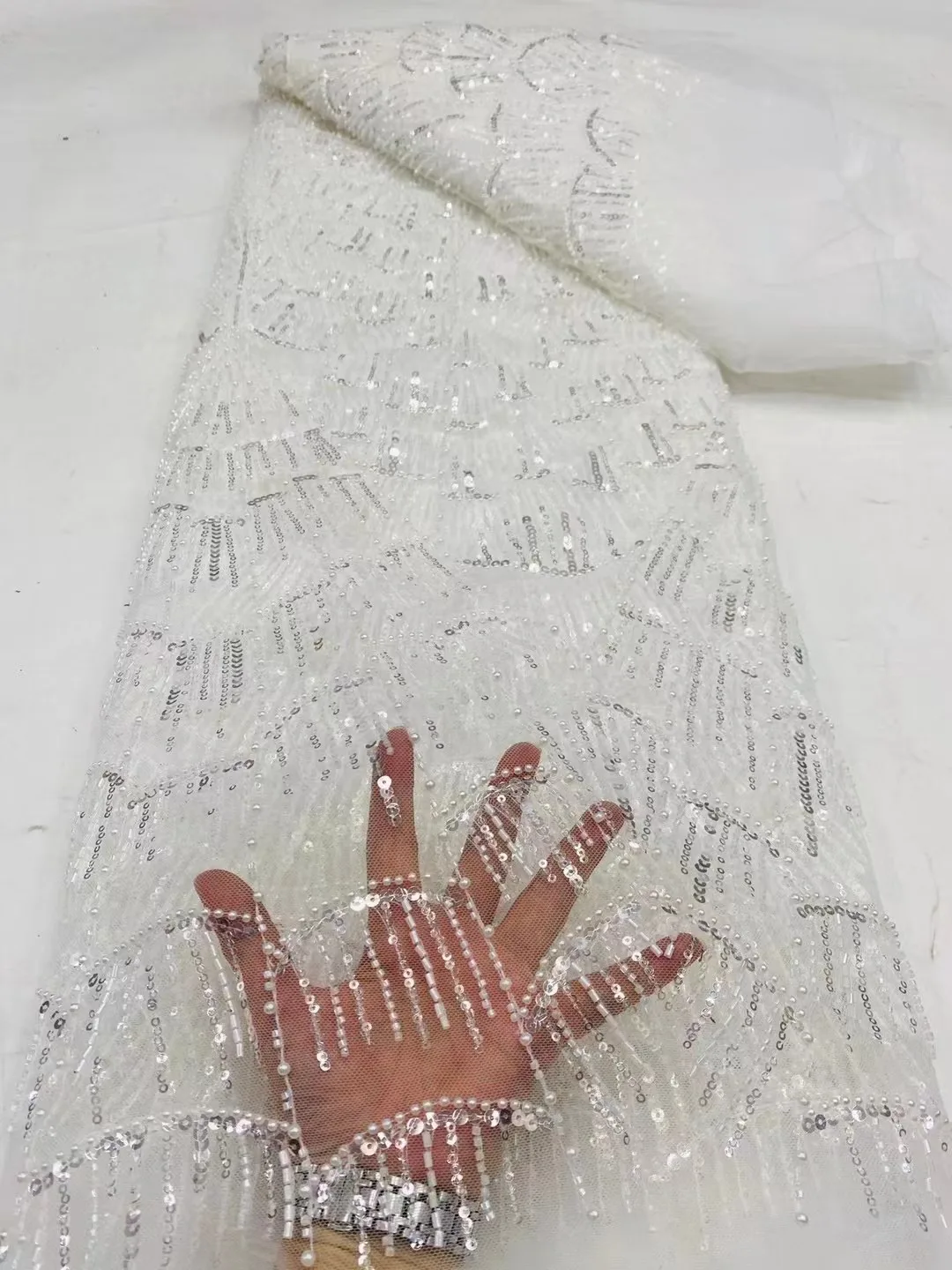 

Luxury Beaded Lace Fabric Heavy Hand Crystal Beads High Quality French Net Material 2024 Bridal Glitter Sequence African Tulle
