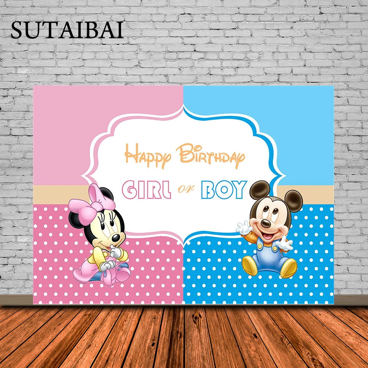 Photo Background Gender Reveal Pink and Blue Baby Shower Backdrops for Boys and Girls Custom Baby Minnie and Mickey Mouse Banner
