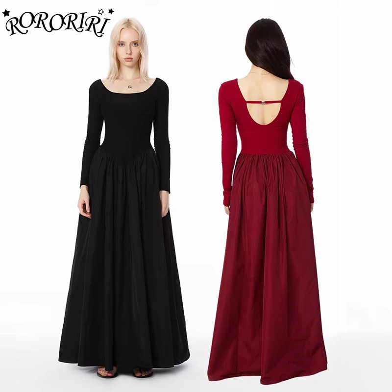 RORORIRI Solid Backless Maxi Long Knit Dress Women Long Sleeves Scoop Neck Splice Pleated A-line One-piece Casual Autumn Clothes