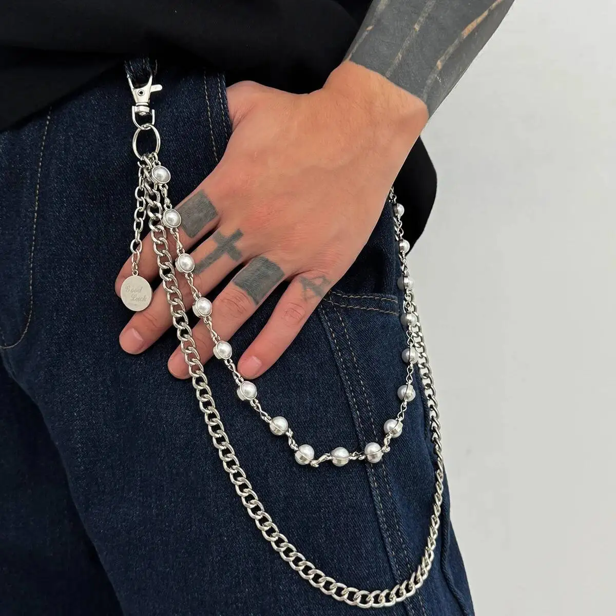 Salircon Hip Hop Punk Imitation Pearls Jeans Pants Keychain for Men Gothic Beads Pants Chain Street Harajuku Jewelry Accessories