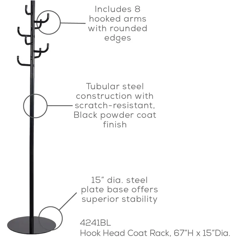 Hook Head Hanger, Freestanding Hat and Jacket Hanger, with 8 Rounded Edge Hooks, Durable Black Powder Coating