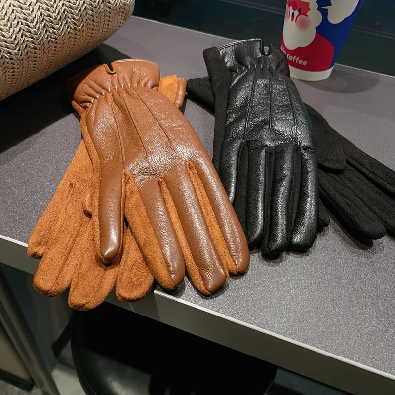 

Gloves Women Faux Leather Suede Ribbed Cuff Fleece Lined Winter Cycling Chic One Size